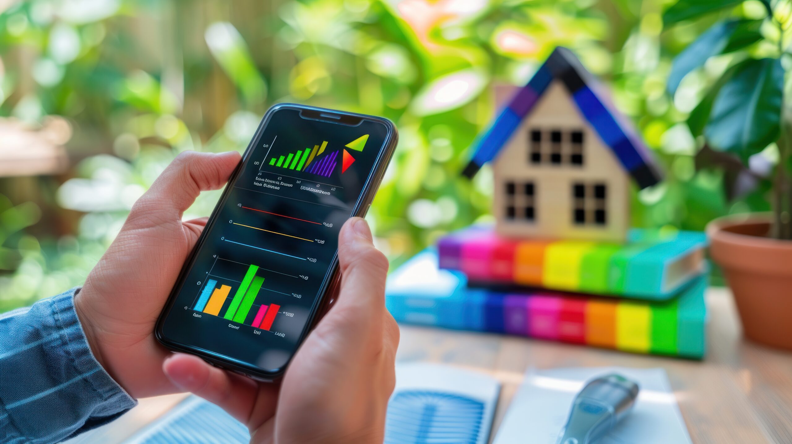 Osoba trzyma telefon komórkowy, na którym wyświetlany jest kolorowy wykres domu
