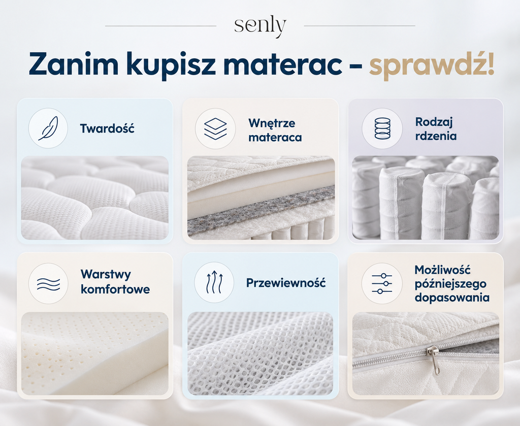Infografika przedstawiająca co sprawdzić przed zakupem materaca.